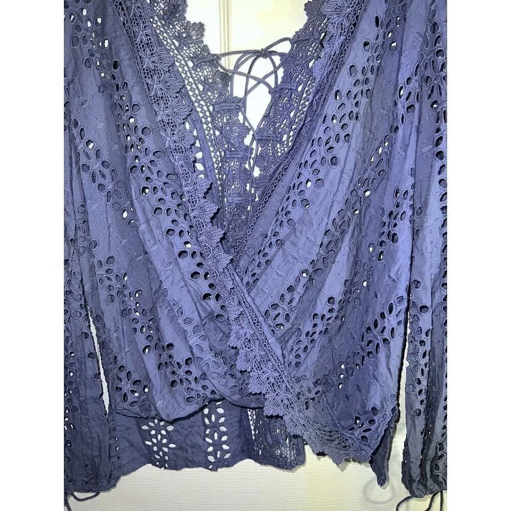 BARDOT Cotton Eyelet Embroidered Open Back Front Tie Long Sleeve Blouse